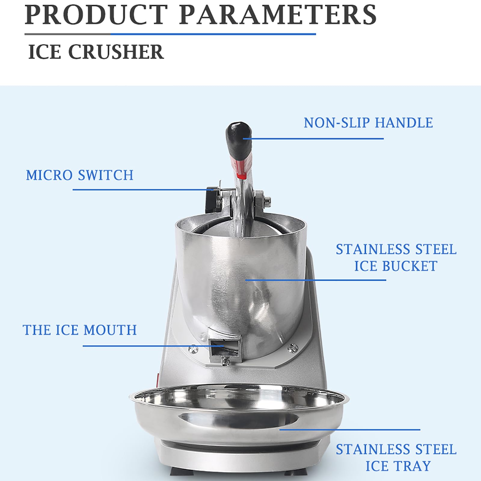 Tritaghiaccio Elettrico con spegnimento Automatico di Sicurezza, Ciotola in Acciaio Inox Facile da Pulire, Ideale per ristoranti e Bar, Perfetto per preparare Bevande Fredde e Dessert. (Red)