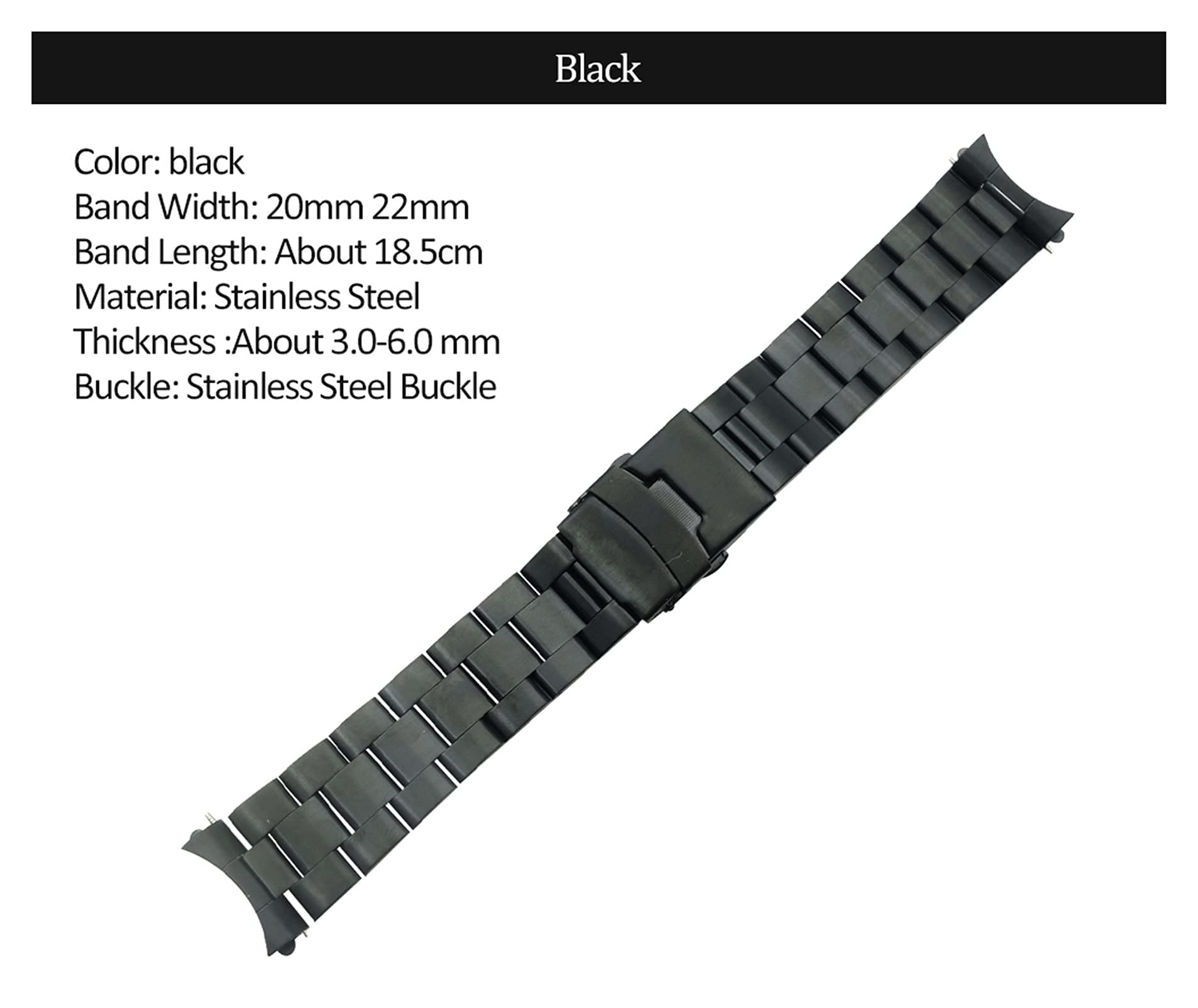 Bracelet de montre incurvé en acier inoxydable de 20 mm et 22 mm - Pour homme et femme - Double fermoir - Boucle de rechange