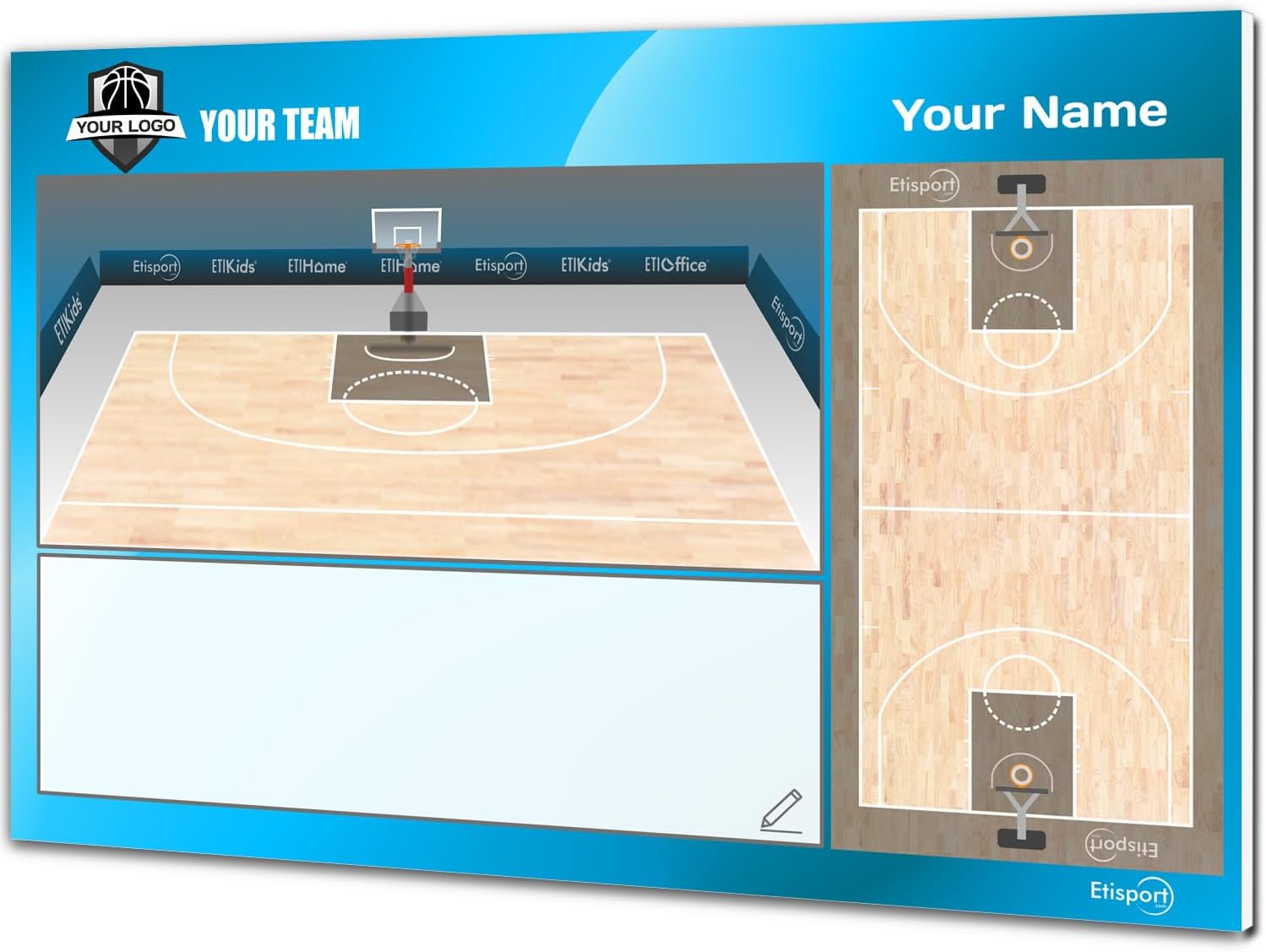 NBA Basketball Coach Tactical Board. Double-Sided Board Suitable for Dry Erase Markers. Personalized with Color, Emblem or Logo, Name, and Club.
