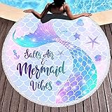 Bonsai Tree Mermaid Beach Towel, Mermaid Tail Large Round Beach Towel with Tassels, Mermaid Scales Beach Blanket Sand Proof Oversized Gifts for Women Girls 59 Inches