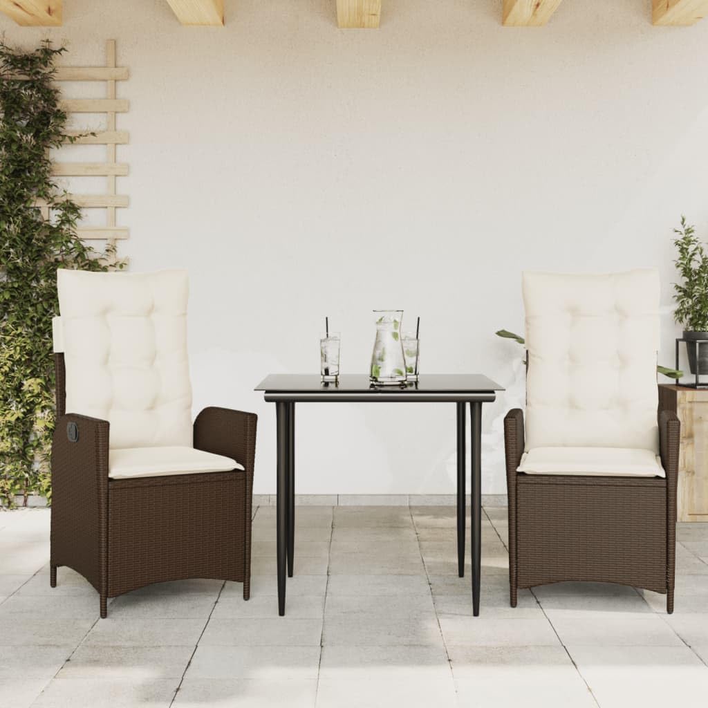 KCCKOM Garden Furniture Set 3 Piece Patio Dining Set with Cushions Brown Poly Rattan