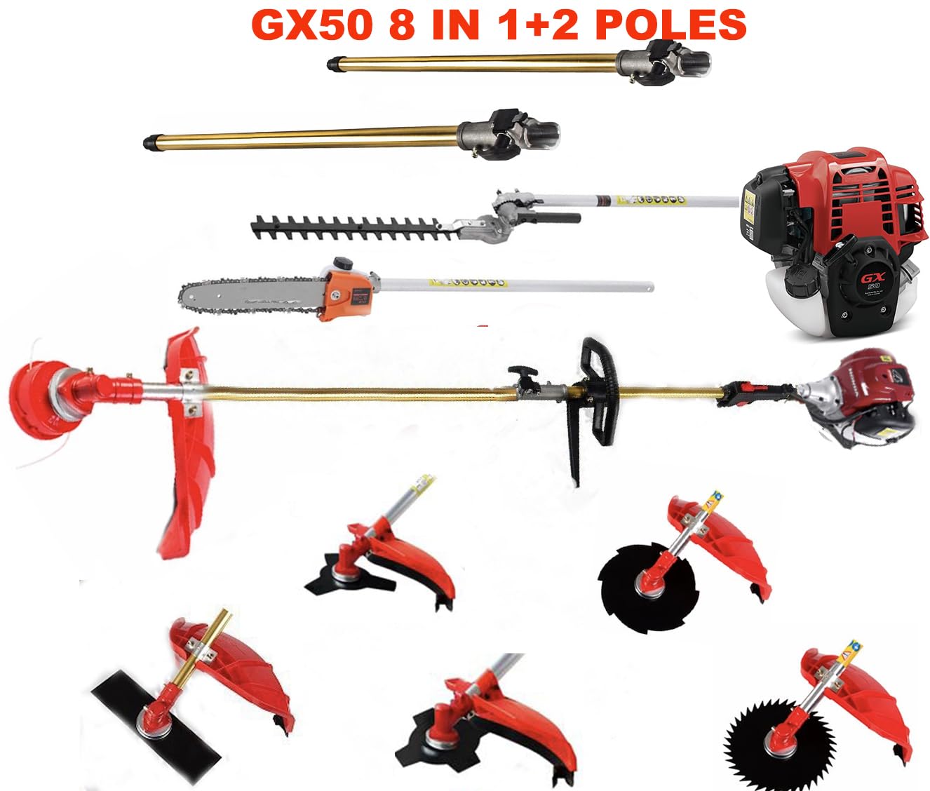 Desbrozadora Gx50 8 en 1 de 4 tiempos con 2 varillas de extensión para jardín