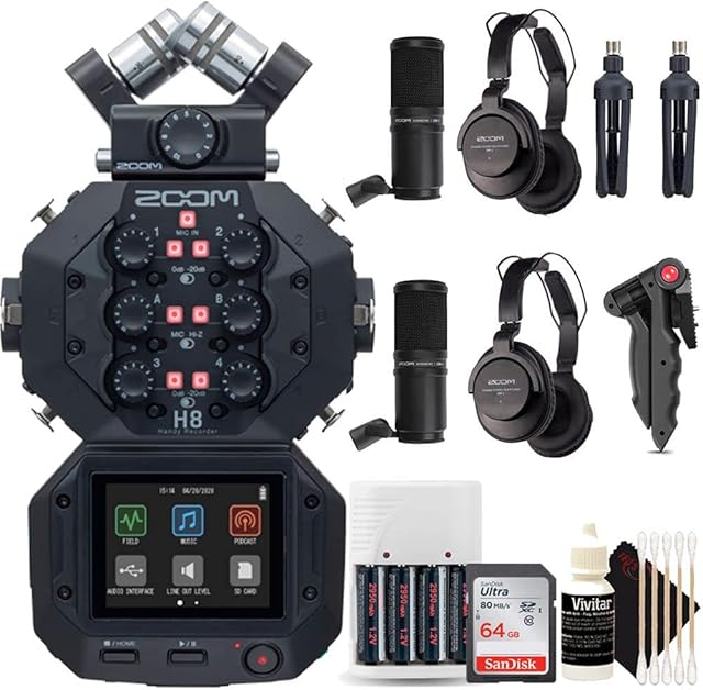 Zoom H8 8-Input / 12-Track Digital Handy Audio Recorder + Two Zoom ZDM-1 Podcast Mic Pack Accessory Bundle + Accessory Kit