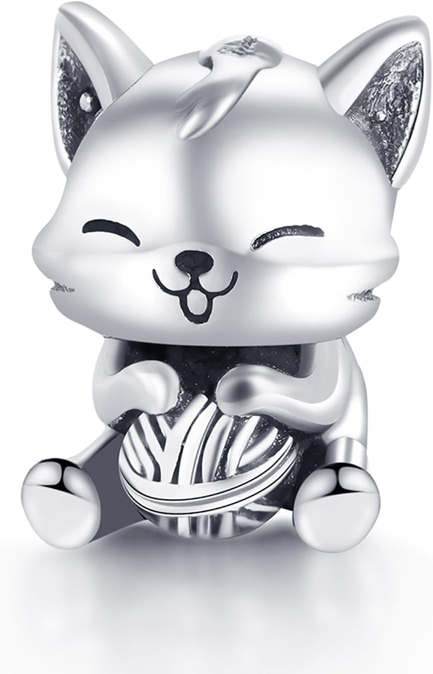 A Cute Little Cat Holding A Furball Charm 925 Sterling Silver Charm fit Women's Bracelet Necklace Pendant Holiday Birthday Gifts for Friends