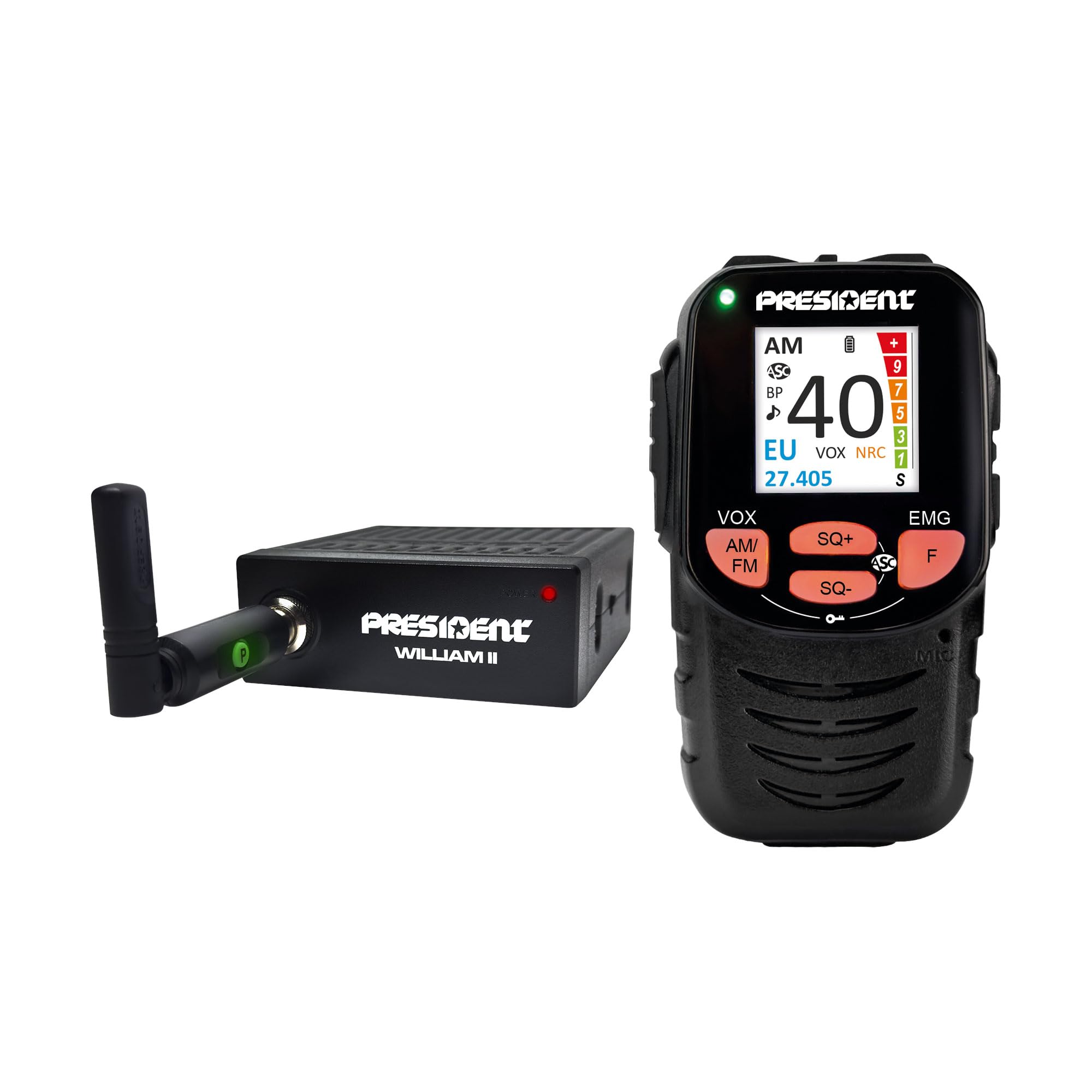 President William II ASC Radio CB Multistandard – Design Black Box con Comandi e Display su Microfono, 40 Canali AM/FM, 12V, Funzione VOX e Filtri ANL/NB – Compatta per Auto e Camion
