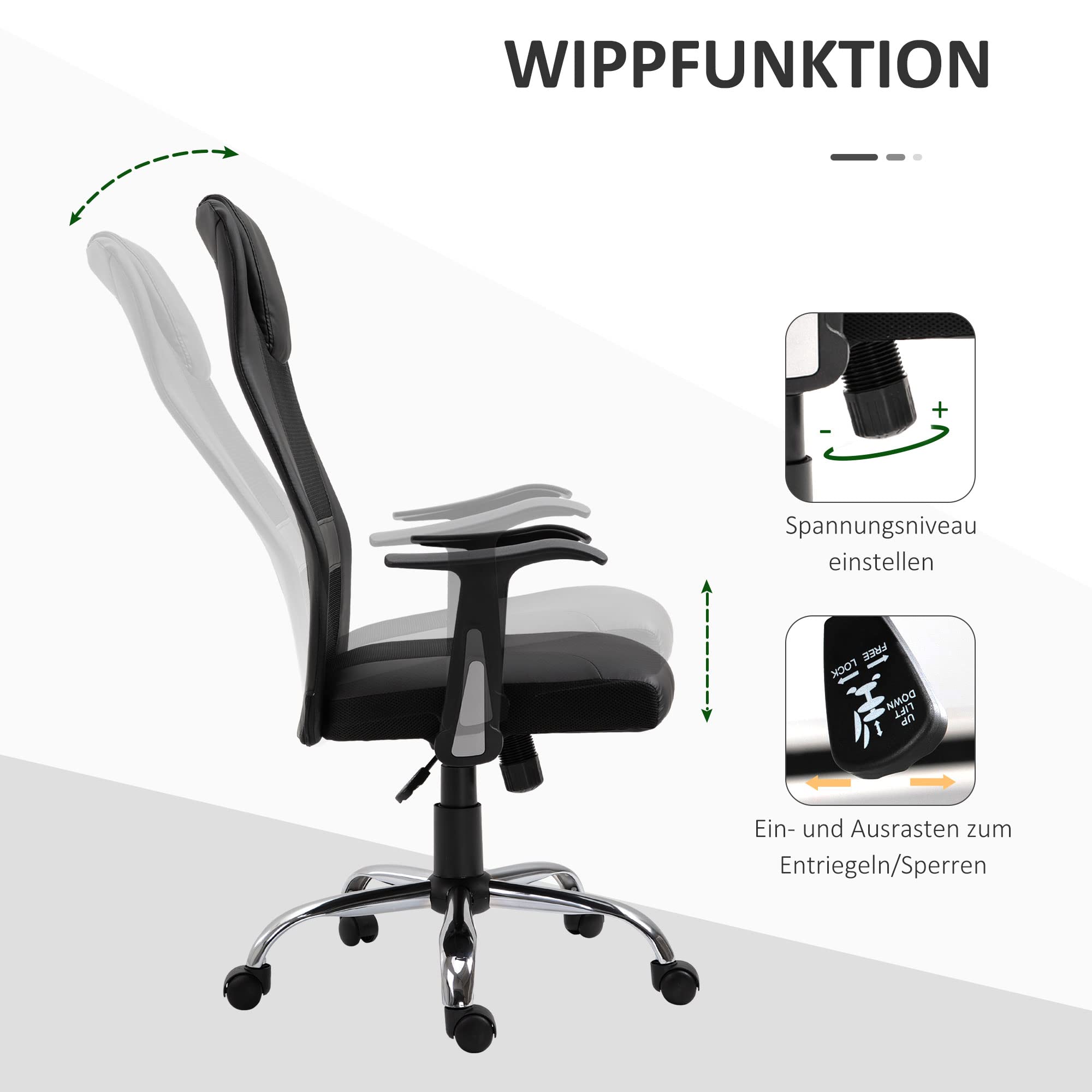 Vinsetto Bürostuhl Ergonomisch – Höhenverstellbar, Mit Netzrücken, 360° Drehbar, Bis 100 Kg Belastbar