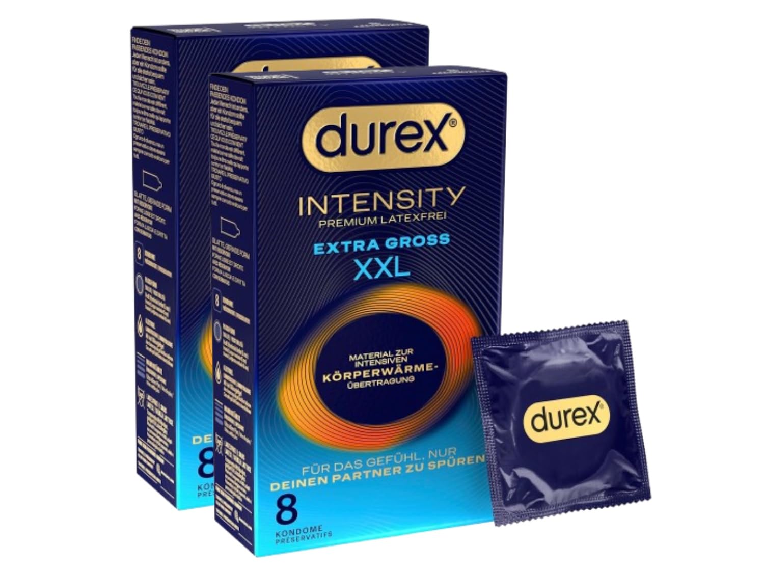 Durex Intensity Extra Groß XXL Kondome - Ultra dünn plus für intensive Körperwärmeübertragung - Mit viel Silikongleitgel befeuchtet - Ohne Latex - 16er Pack (2 x 8 Stück)