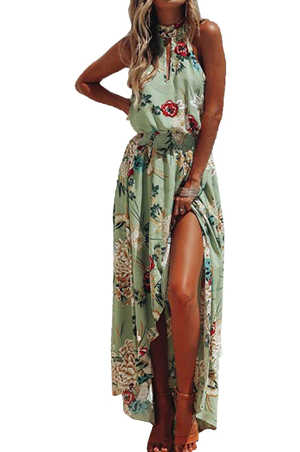LATH.PIN Vestido de playa de verano para mujer, diseño floral con hombros descubiertos y abertura frontal, vestido bohemio largo para fiesta, ceremonia 457-bleu