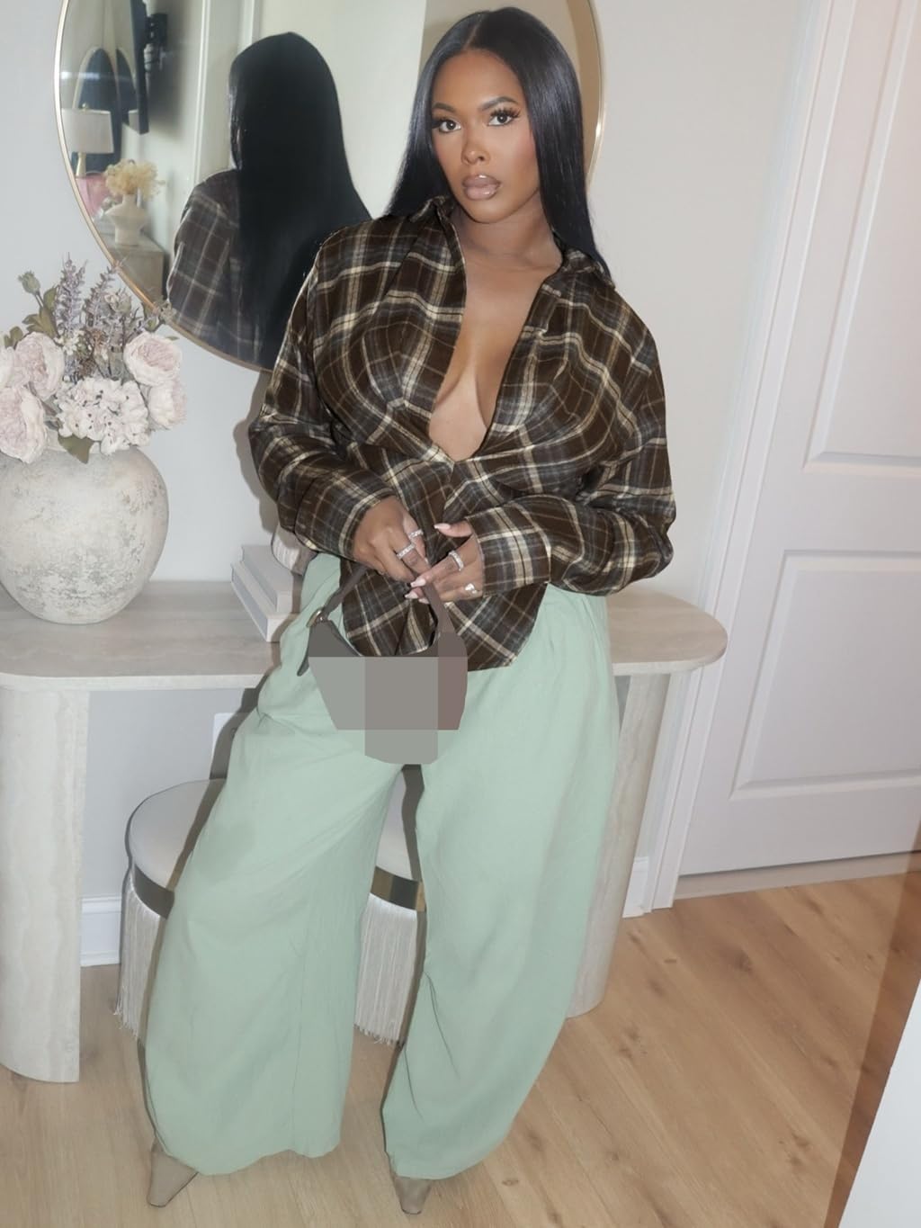 Sexy Tops for Women Vintage Shirt Deep V Waist Cinched Plaid Plus Size Club Date Going Out Tops for Women