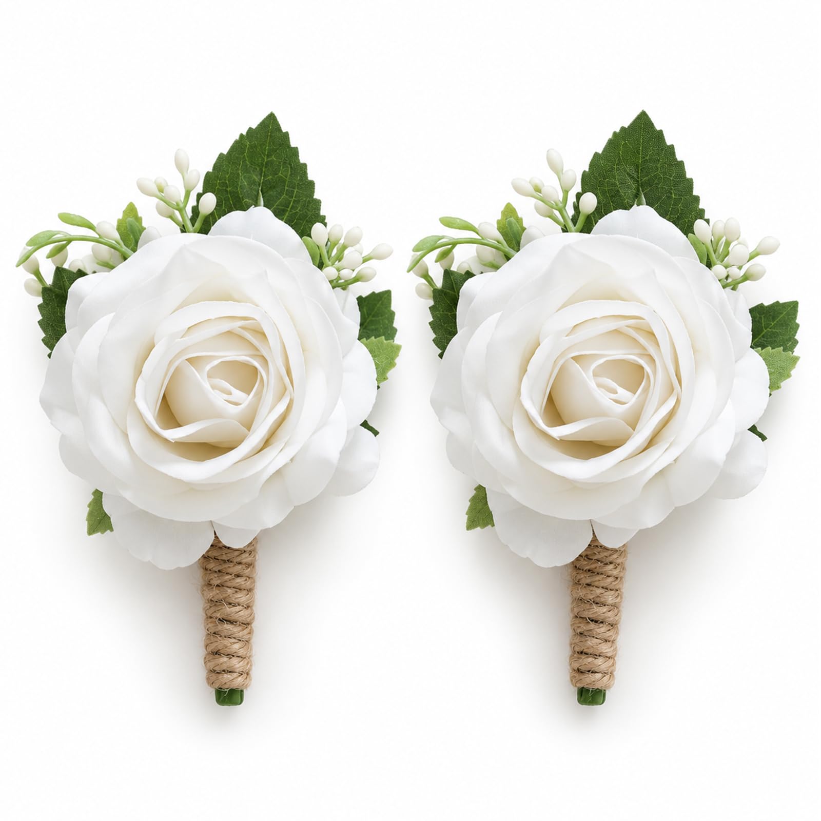 Ollanoos 2Pcs White Rose Boutonniere, Men Wedding Groom Groomsman Corsage