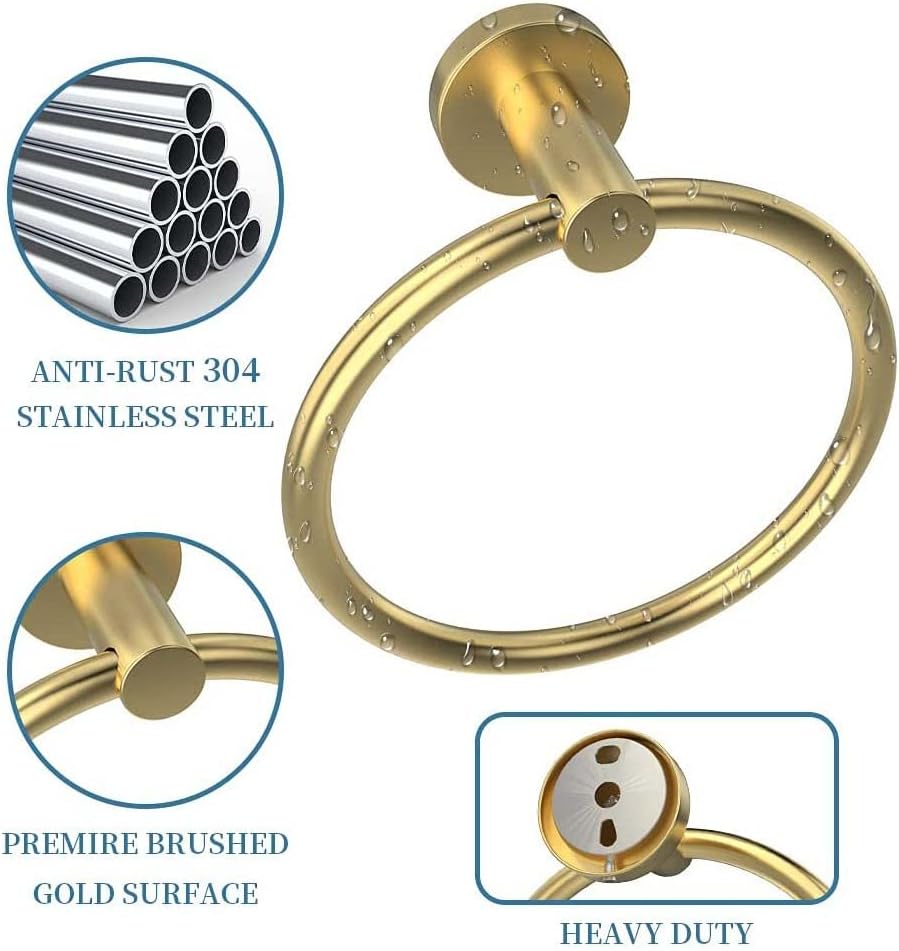 3-Pieces Bathroom Hardware Set,Stainless Steel Toilet Paper Holder,Towel Ring,Robe Towel Hooks,Towel Racks Bathroom Accessories for Bathroom Wall Mounted,Brushed Gold