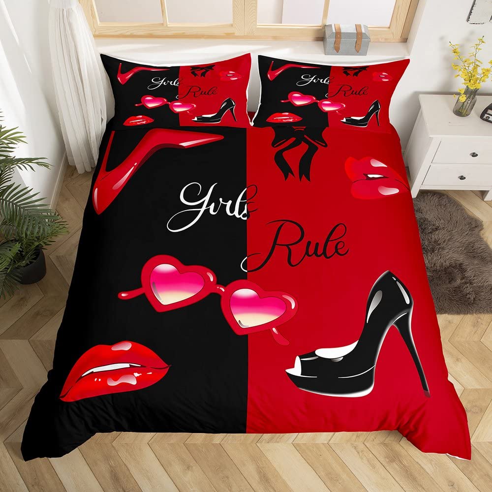 Hochzeit, Thema, Bettbezug, Mode, Damen, Make-up, Bettwäsche, 220 x 240 cm, sexy Lippen, rot, schwarz, romantisches Paar, Valentinstag