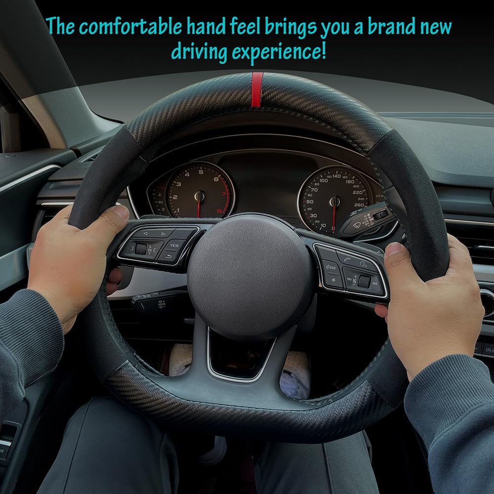 Carodi Suede Carbon Fiber Steering Wheel Cover Non-Slip Leather Interior Fitting 15-Inch Universal (D-Shape, Black Suede with Carbon Fiber)