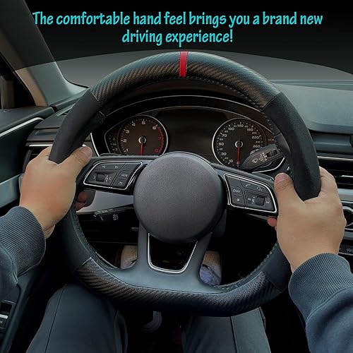 Miniatura 5 de Carodi Funda de gamuza de fibra de carbono para volante, de cuero antideslizante, ajuste interior de automóvil de 15 pulgadas, universal (forma de