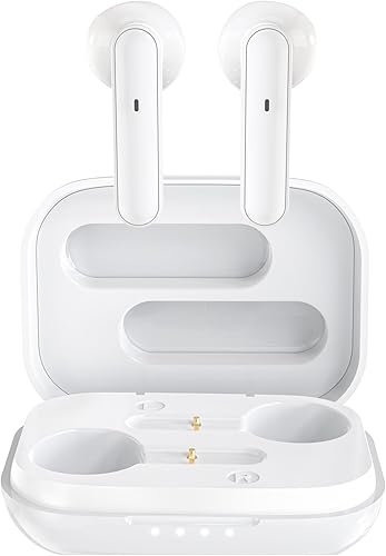 Auriculares Bluetooth inalámbricos, sin costuras con cualquier iPhone y Android, micrófono integrado con funda de carga, graves profundos, 40 horas