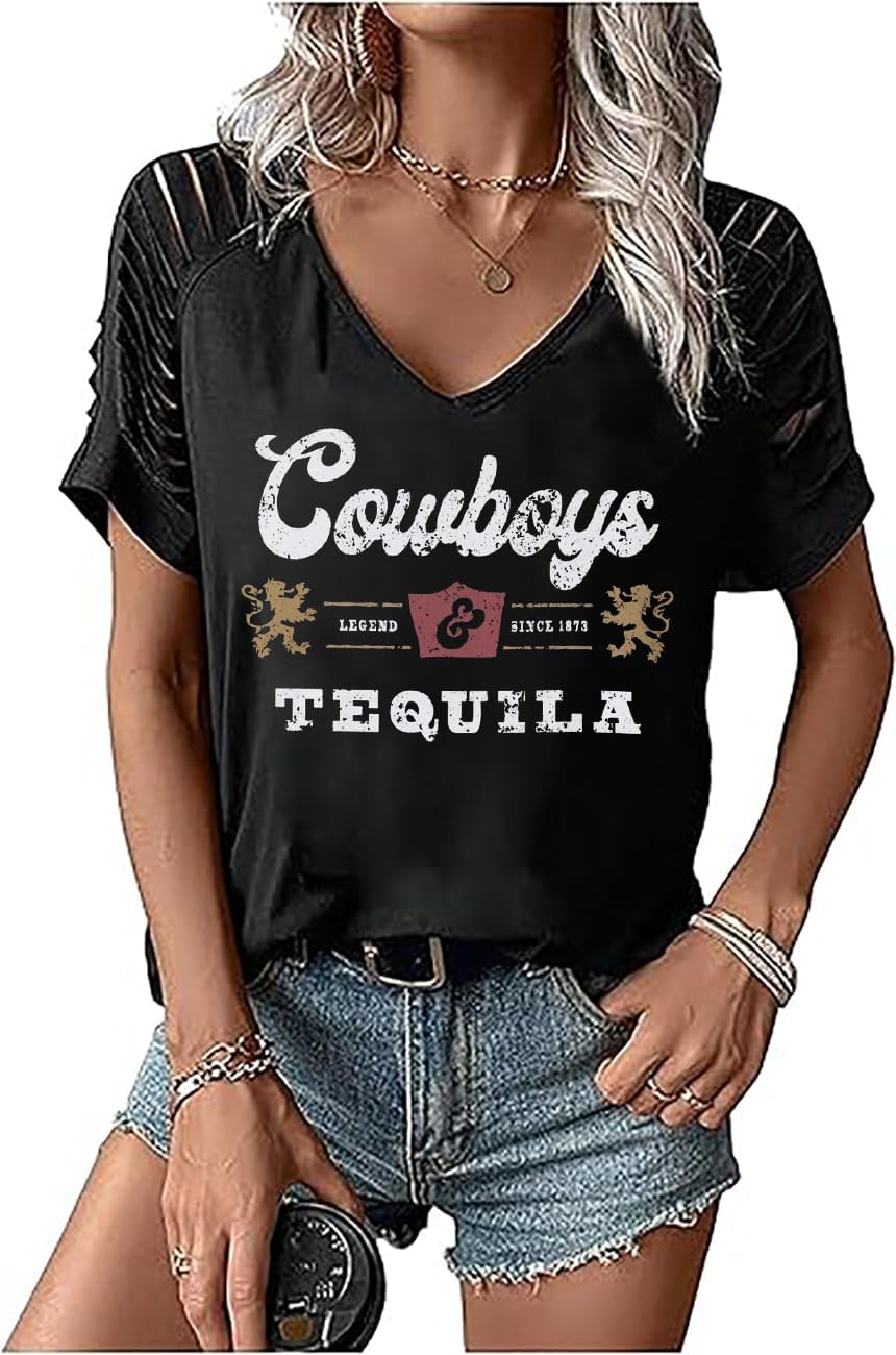 Western Cowboy T-Shirt Women Cut Out Cold Shoulder Tops Retro Country Concert Tee Short Sleeve V Neck Rodeo Shirt