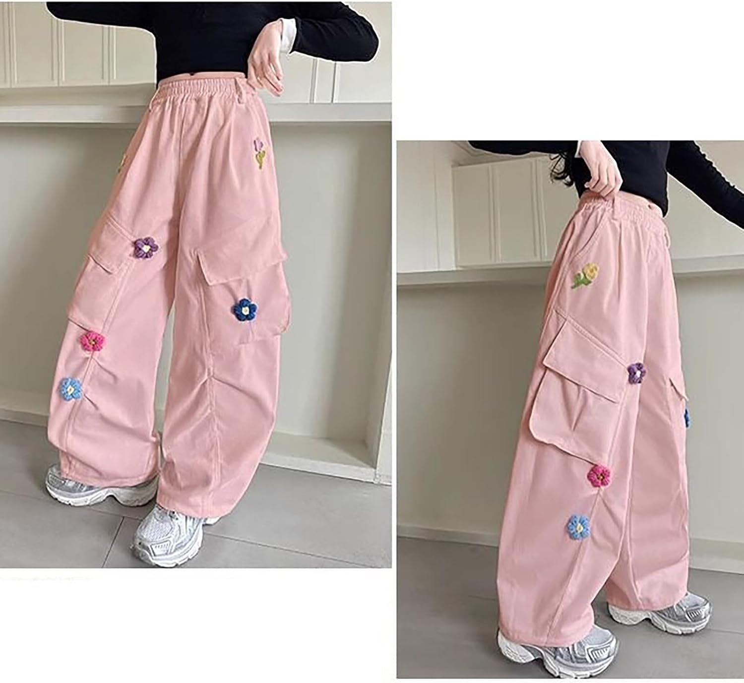 Cargo Pants for Girls Flower Embroidery Baggy Wide Leg Casual Sweatpants Teen Elastic High Waist Trendy Y2k Trousers