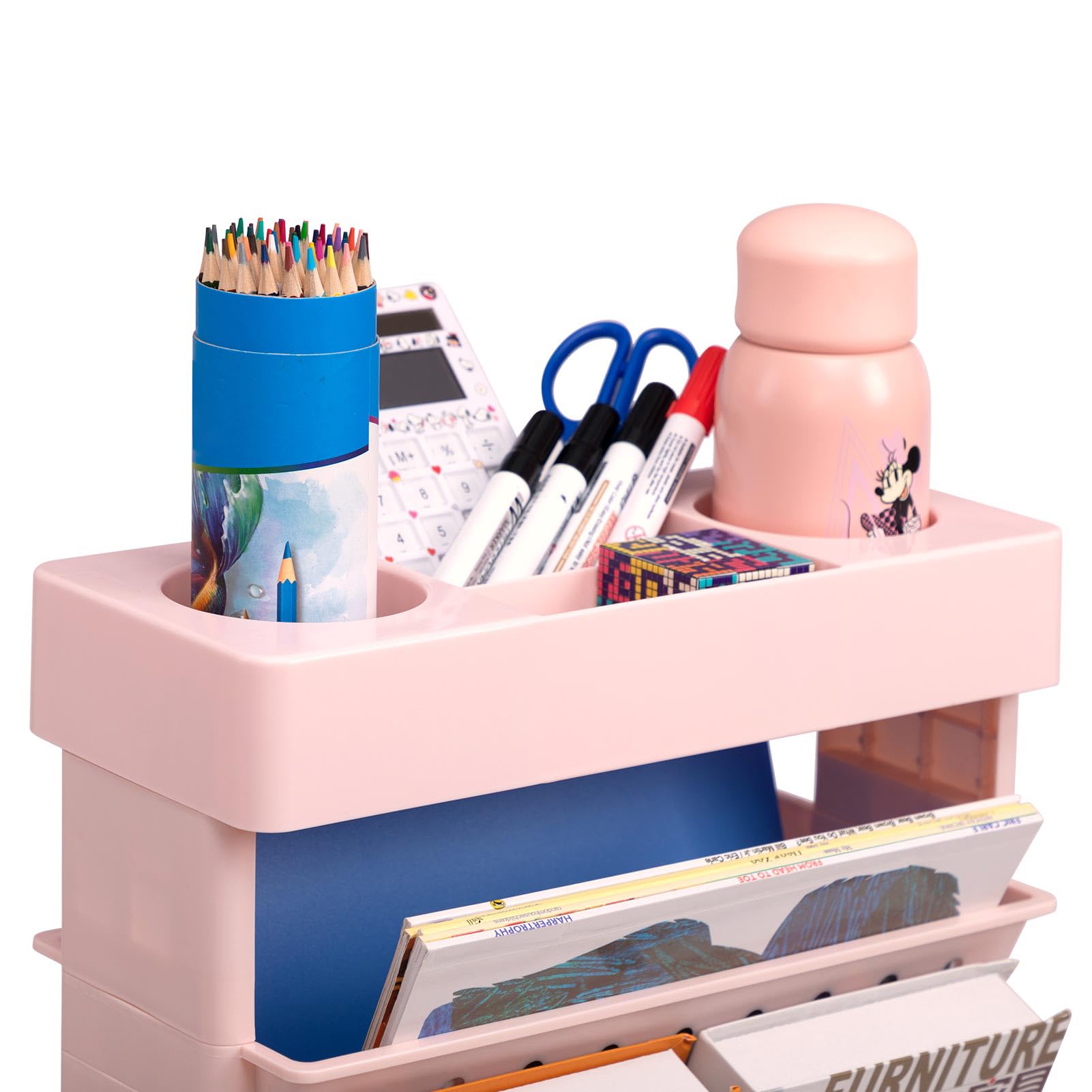 DOEWORKS Petite Bibliothèque roulettes Mobile Livre Chariot de Rangement 5 Niveaux Étagère à Livres Chariot Roulant pour Salon Chambre à Coucher Bureau, Rose