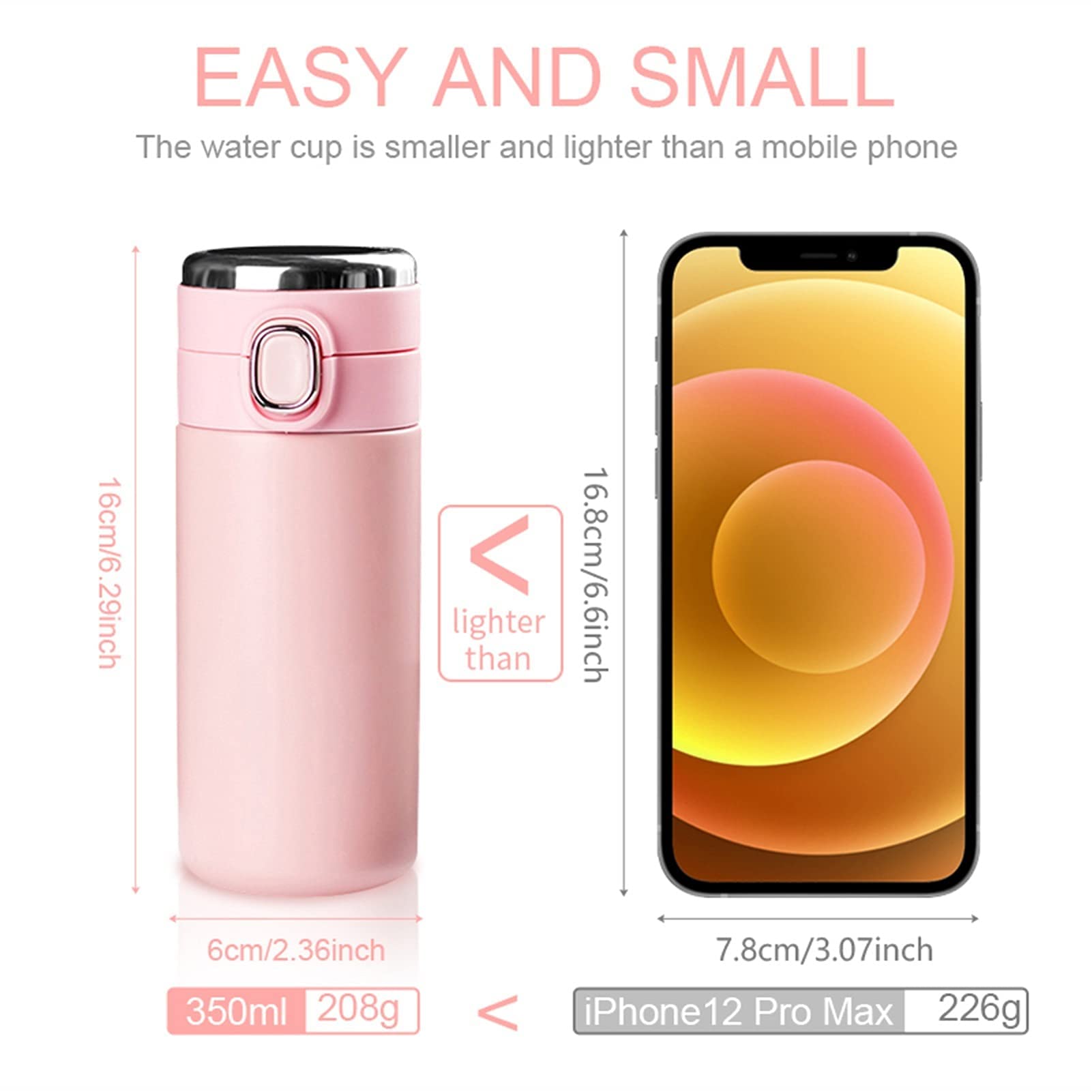 Bouteille d'eau de sport isotherme, fiole à vide en acier inoxydable, bouteilles thermos de voyage portables, petites tasses à café, affichage de la température, bouteille d'eau étanche (320 ml, noir)
