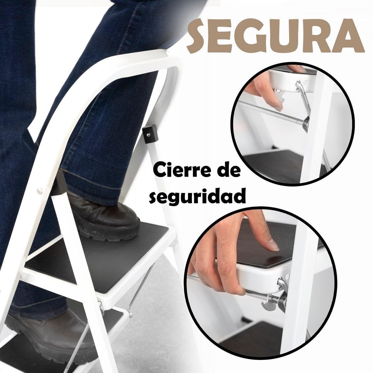 LOLAhome - Escalera Plegable de 2 peldaños Antideslizantes en Acero Blanco de 82 cm. Diseño Seguro y Ligero con asa, soporta 150 kg. Alcanza altillos o cuelga Cortinas fácilmente.