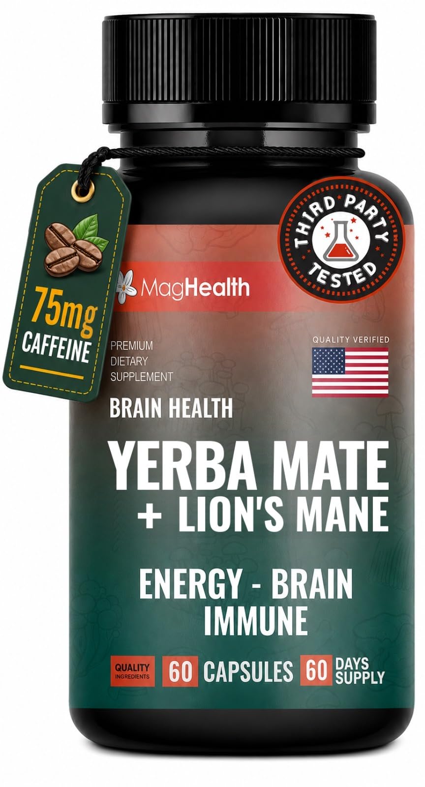 Yerba Mate & Lion's Mane Capsule, Energy & Calm Focus Support, 60 Capsules