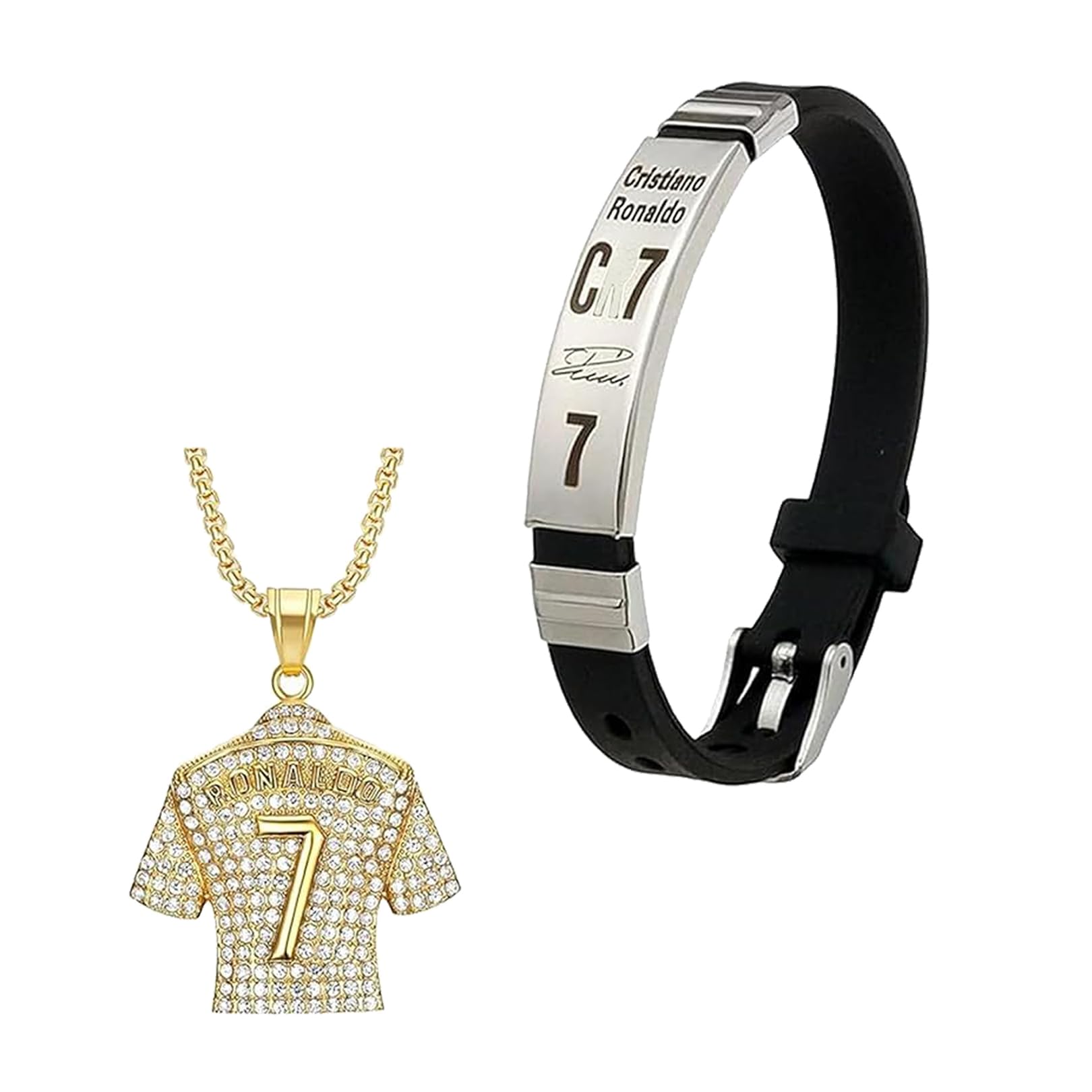 Set di catene da calcio Cr7, bracciale da calcio per ragazzi, collane per ragazzi, un pacchetto di accessori sportivi composto da robusto bracciale in pelle, collana corrispondente con ciondolo a