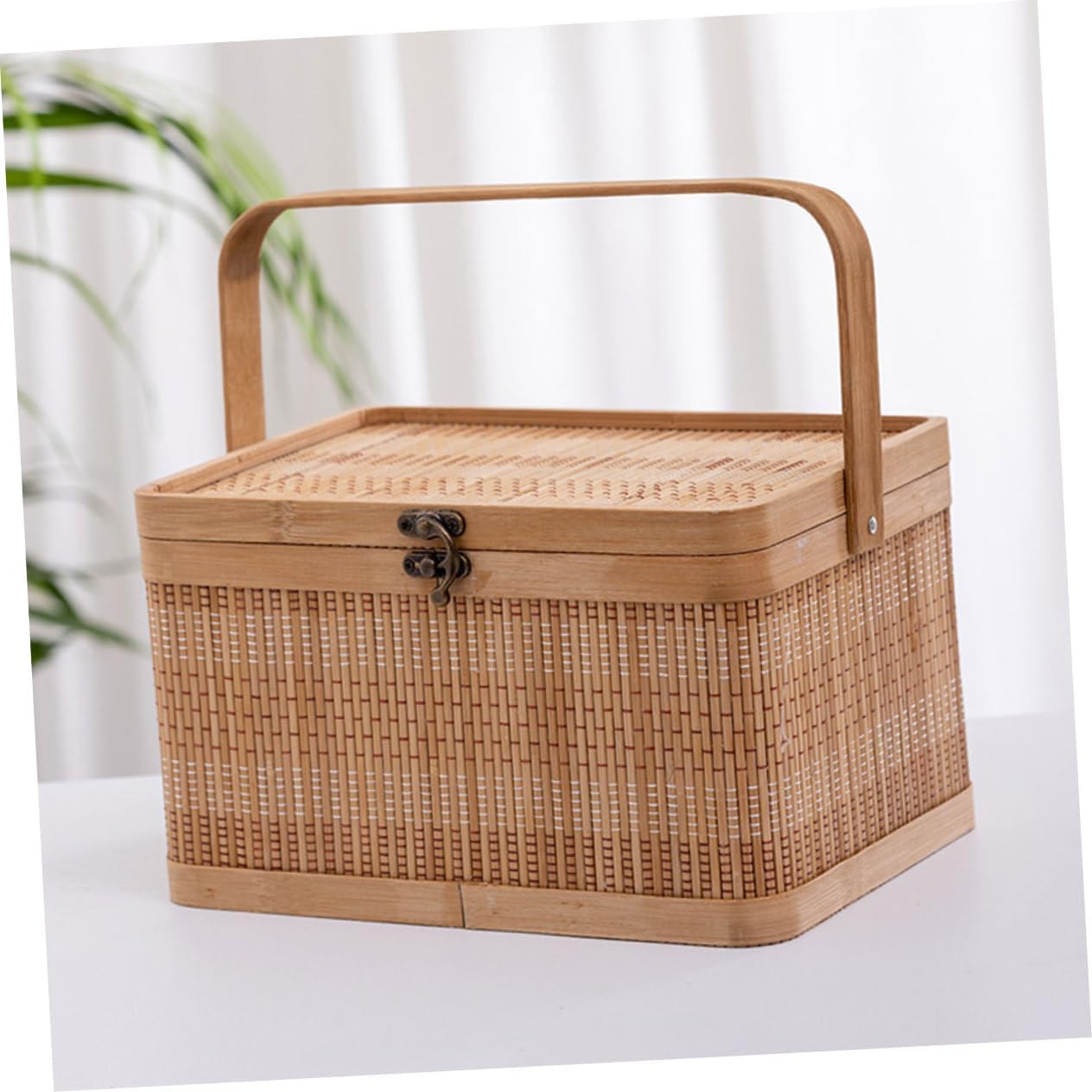 MAGICLULU Storage Basket with Lid Portable Handheld Woven Vegetable Basket for Picnic Home Organization Rustic Style Design