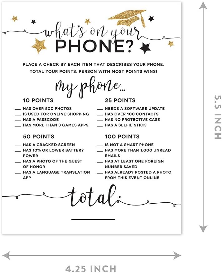 Andaz Press White and Gold Glittering Graduation Party Collection, What's on Your Phone? Game Cards, 20-Pack, Activities and Decorations Graduation Games Decorations Class of 2026