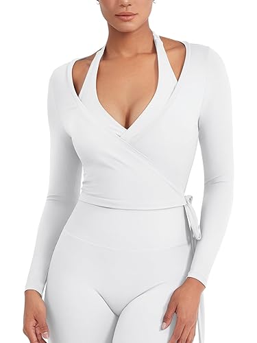 YEOREO Women Pilates Wrap Top Long Sleeve Tie Ballet Workout Yoga Shirt Michelie Y2K V Neck Cropped Tops - White - X-Small