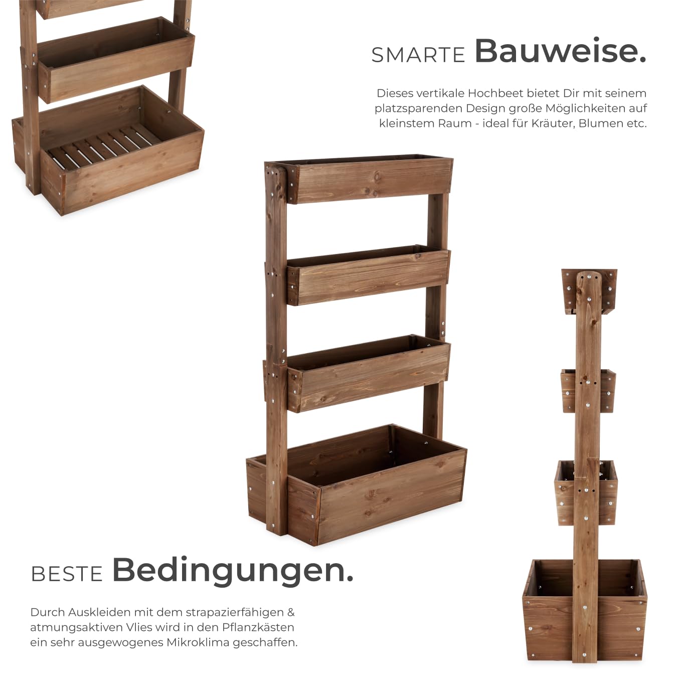 tectake® Vertikalbeet mit 4 Etagen, Hochbeet aus Holz, Pflanztreppe, Hochbeet Balkon, Blumenbeet, Kräuterbeet, Gemüsebeet, Pflanzenregal, Blumenkasten Holz mit Pflanzvlies - braun, 85 x 45 x 140 cm