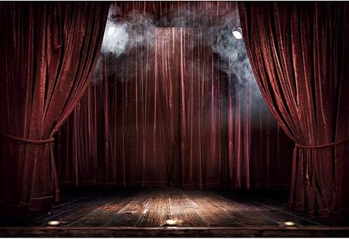 Haoyiyi Telón de fondo de escenario teatral de 7 x 5 pies, cortina de color rojo oscuro, proyector de espectáculo de escenario, piso de madera
