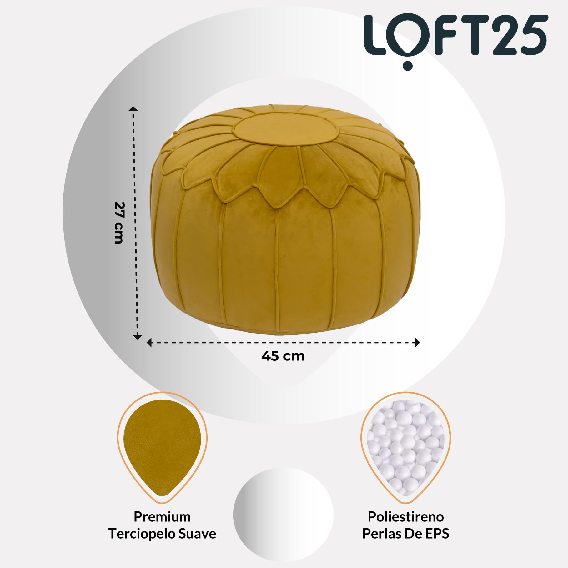 Loft 25 Reposapiés Puff Redondo | Comodo reposapies Salon Y Dormitorio para Adultos | Diseño Ergonómico Bean Bag para Horas De Relajación | Ligero Puf con Relleno Incluido (Cúrcuma)