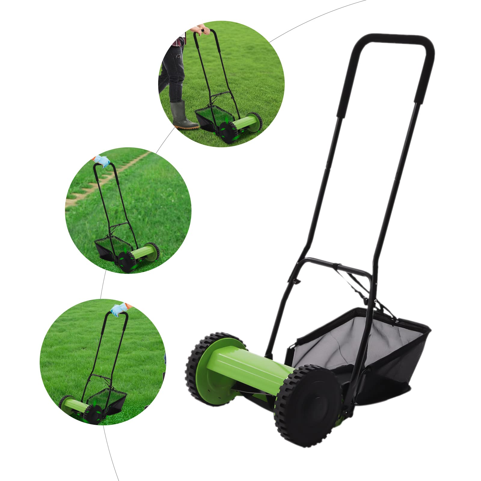 Tosaerba a mano con 5 lame in acciaio, larghezza di taglio 30 cm, altezza regolabile 12-45 mm, con cesto raccoglierba da 23 l, manico ergonomico e ruote antiscivolo, leggero ed ecologico, manuale