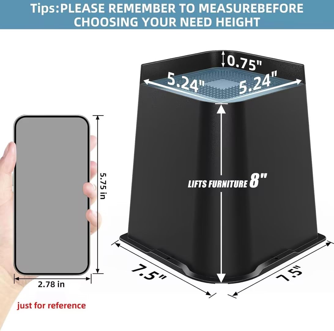 USION Rialzi per letto da 20 cm, resistenti, a forma di L, ampia apertura, extra large, alzate per mobili fino a 2,3 kg, per telaio del letto, tavoli, divani, confezione da 4, nero