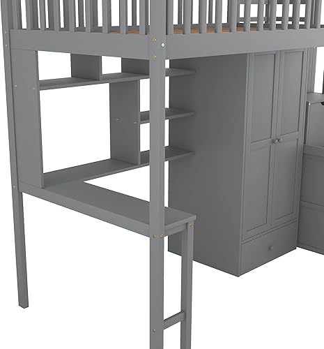 Miniatura 205 de Cama alta funcional tamaño individual con 2 cajones y 2 armarios, base de cama de madera maciza con barandilla de seguridad y escalera de