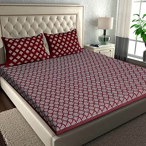 Image of RajasthaniKart Comfort Rajasthani Jaipuri Traditional Sanganeri Print 144 TC Cotton Double Size Bedsheet with 2 Pillow Covers (Double, Maroon)
