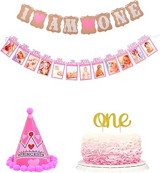 Dusenly Banniere Photo Bebe 1 12 Mois Avec I Am One Bunting Garland One Cake Topper Et 1er Jeu De Chapeau De Fete D Anniversaire Pour Des De Bebe Garcon Fille Rose Amazon Fr