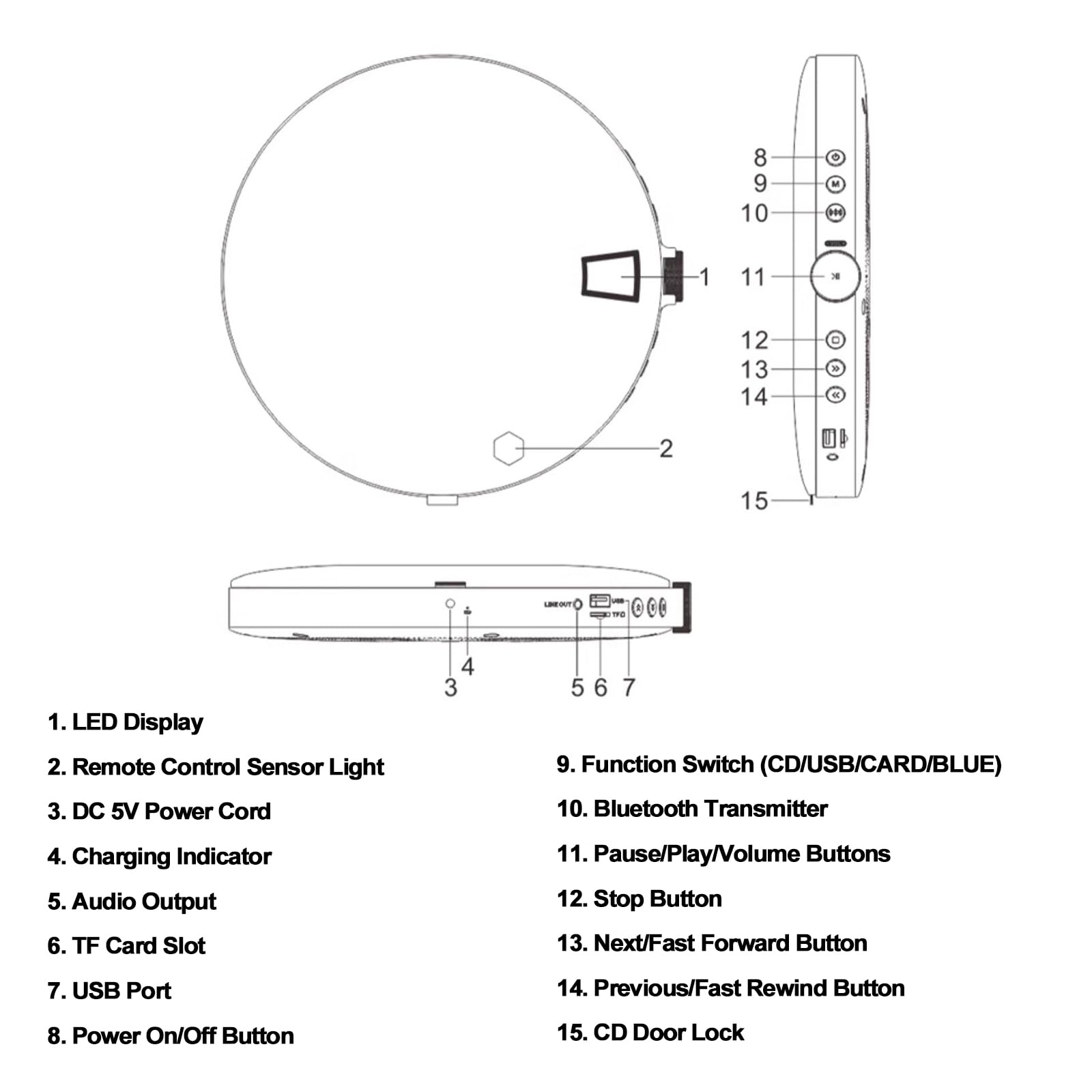 Lettore CD Bluetooth con altoparlanti ad alta fedeltà, design portatile retrò, Bluetooth 5.0 bidirezionale, supporta disco USB, scheda TF, musica MP3 e WMA