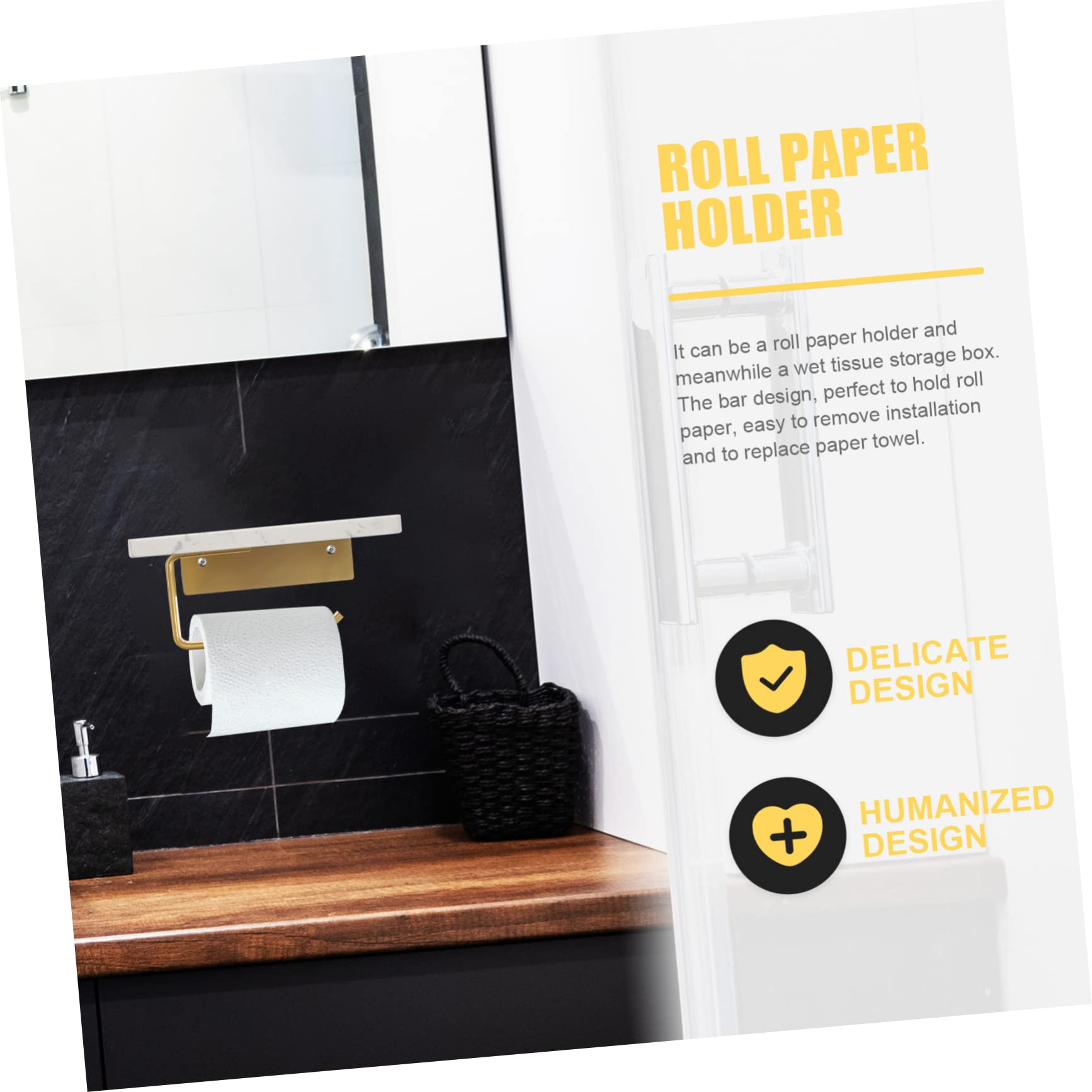 Lurrose Portarrollos de Papel Higiénico Fácil de Instalar de Mármol Blanco, con Estante, Montado en Pared, Moderno y Sencillo, para Baño y Aseo