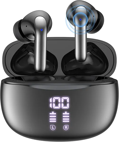 Wireless Earbuds Bluetooth 5.3 Headphones 50H Playback Deep Bass Stereo Earphones with Dual Mic Clear Calls, Waterproof Ear Buds with LED Display Charging Case for iPhone Android TV Laptop Sports
