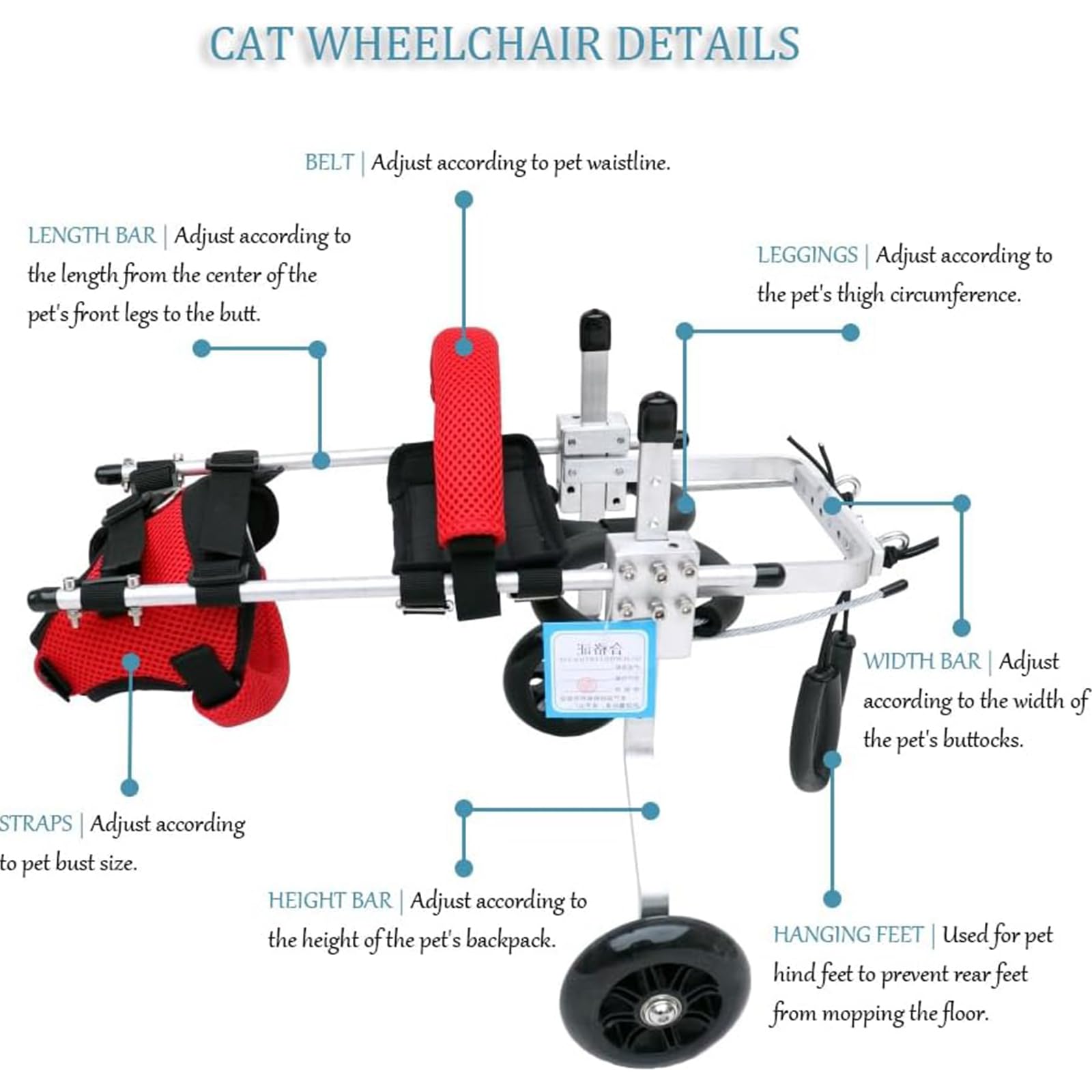 Sedia A Rotelle per Gatti per Zampe Posteriori, Sedia A Rotelle Leggera A 2 Ruote per Gatti per Allenamento Riabilitativo Zampe Posteriori Disabili Che Camminano,S
