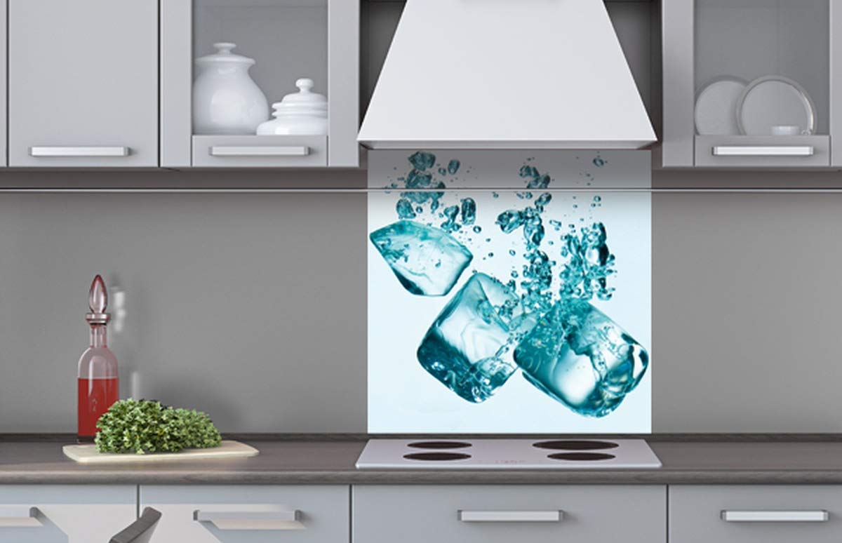 Placa para la pared posterior de la cocina con diseño de cubitos de hielo, 60 x 60 cm, protección contra salpicaduras para el fregadero, calidad prémium, aluminio Dibond, grosor de 3 mm, fabricado en