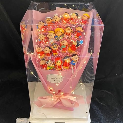 PERRONEオリジナル手作 クレヨンしんちゃんブーケ クリエイティブな誕生日プレゼント 漫画の人形のギフトボックスの花束 親友や彼女への卒業プレゼント-21pcs-pink