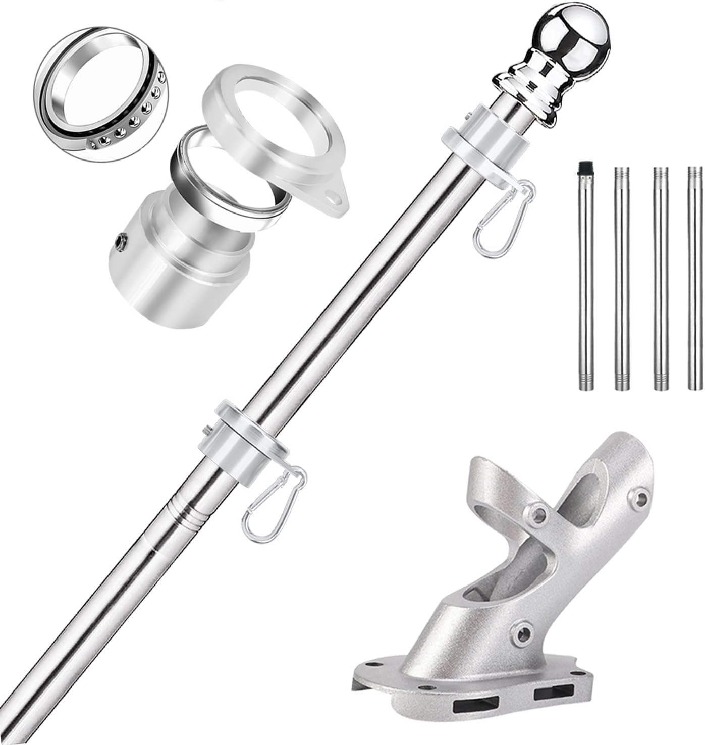 No Tangle Flag Pole Kit, 6ft Flag Pole for Outside House, Stainless Steel 1" Flagpole with Tangle Free Aluminum Flag Rings and Holder Mounting Bracket, 1 inch Flag Poles for 3x5 Flags Outdoor, 5 ft