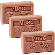 Savon de Marseille - French Soap made with Organic Shea Butter - Musk Fragrance - Suitable for All Skin Types - 125 Gram Bars - Set of 3