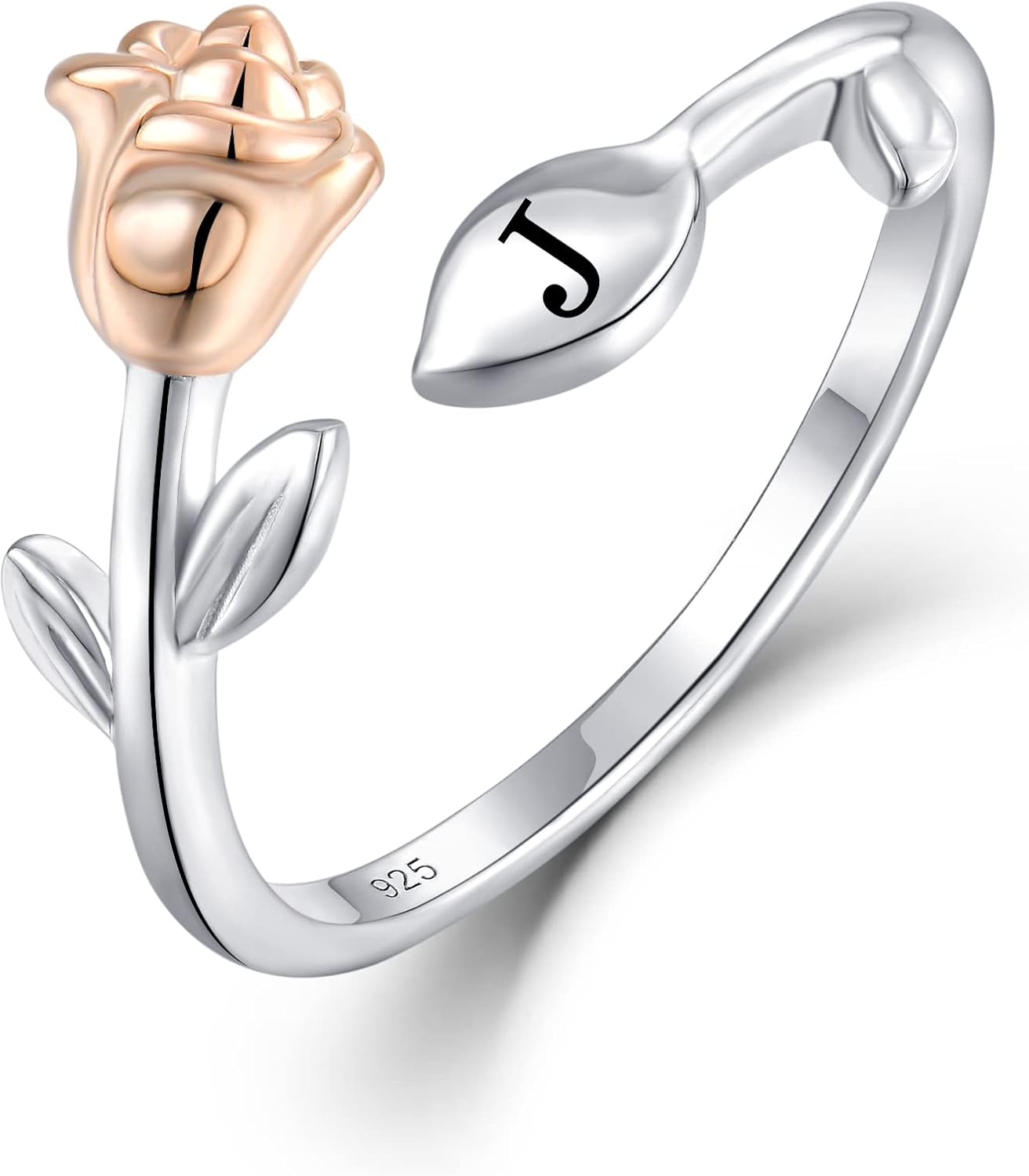 STARCHENIE Rose Initial Ring for Women 925 Sterling Silver Letters A-Z 26 Alphabet Adjustable Ring Size 7