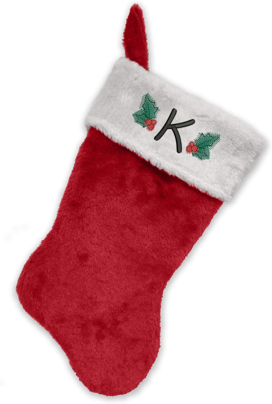 Monogrammed Me Embroidered Initial Christmas Stocking, Red and White Plush, Initial K