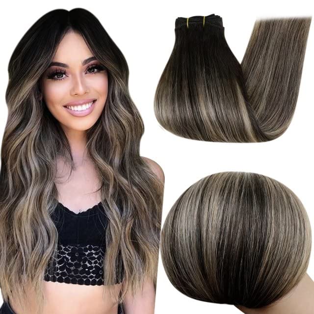 Sew in Hair Extensions Human Hair Weft Hair Extensions Ombre Off Black Fading to Honey Blonde Highlighted Natural Black Weft Hair Extensions Remy Hair Sew in Extensions 12Inch 70g