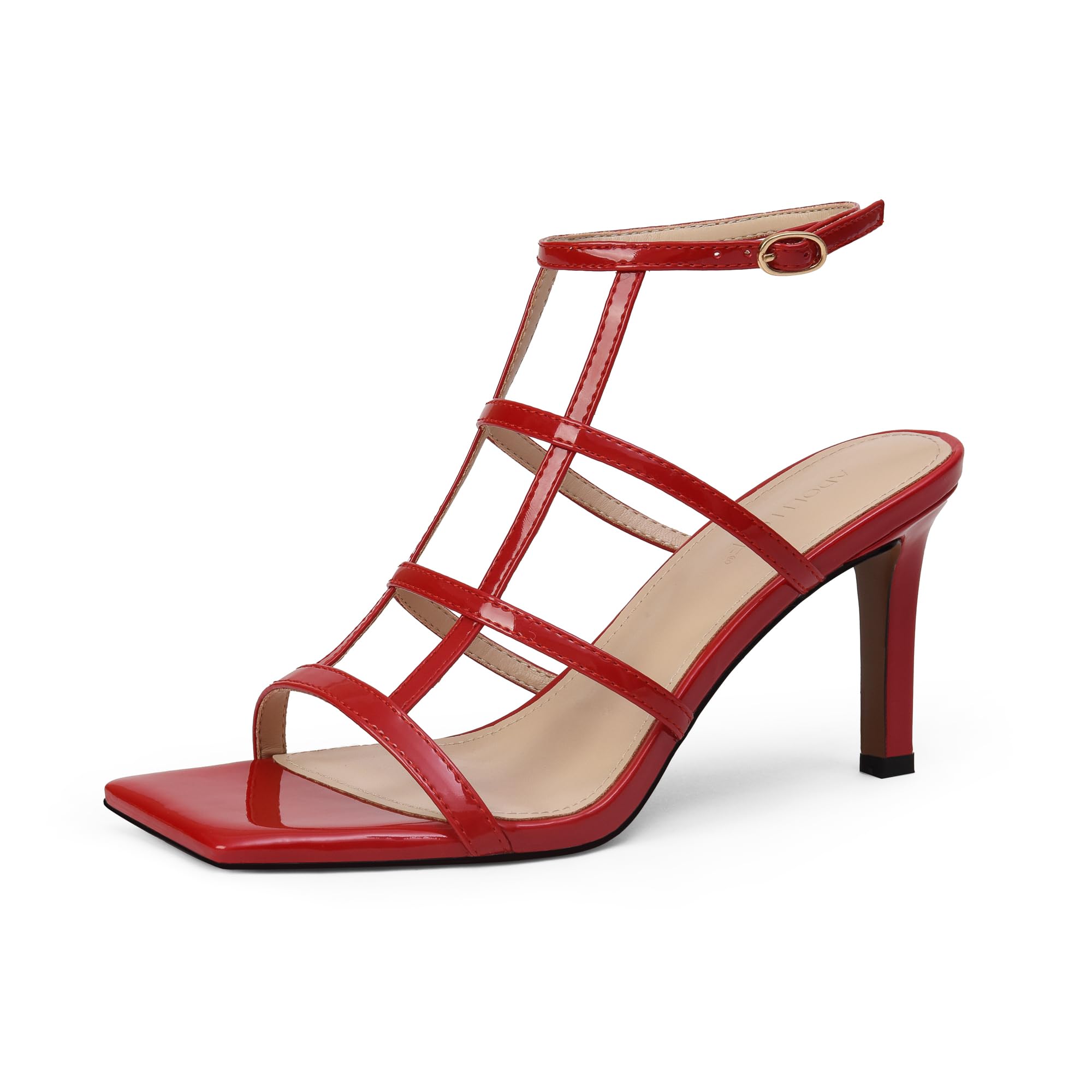 Photo 1 of Adolilove Strappy Sandals for Women 3 inch Red High Stilettos Square Open Toe Ankle Strap Heels Comfort Sexy Party Dress Shoes, size 6