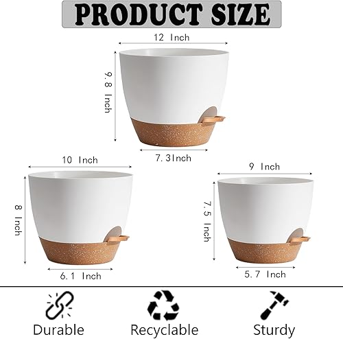 Miniatura 3 de Macetas, macetas de riego automático de 12+10+9 pulgadas con orificio de drenaje para plantas de interior, maceta grande, macetas de plantas para
